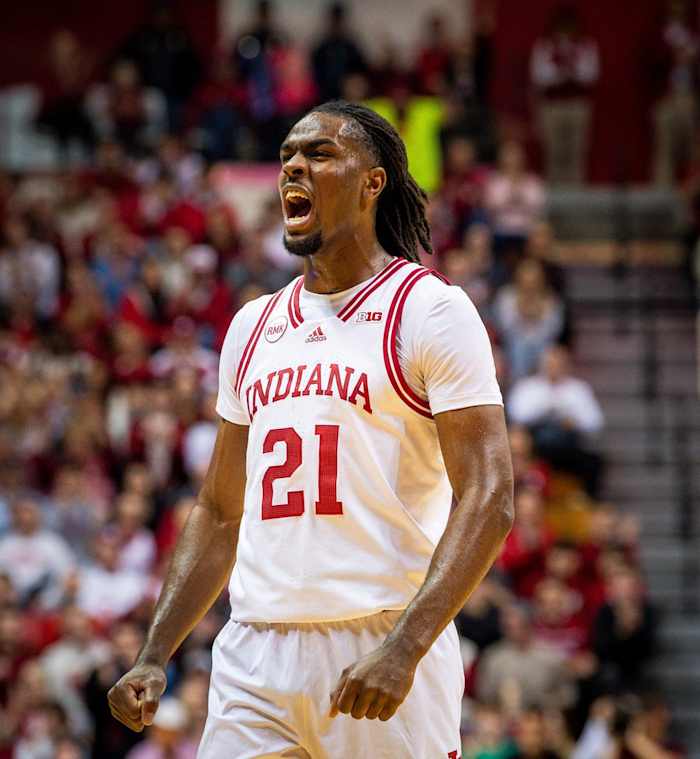 Indiana's Mackenzie Mgbako (21) celebrates during the Indiana versus Minnesota men's basketball game at Simon Skjodt Assembly Hall on Friday, Jan. 12, 2024.